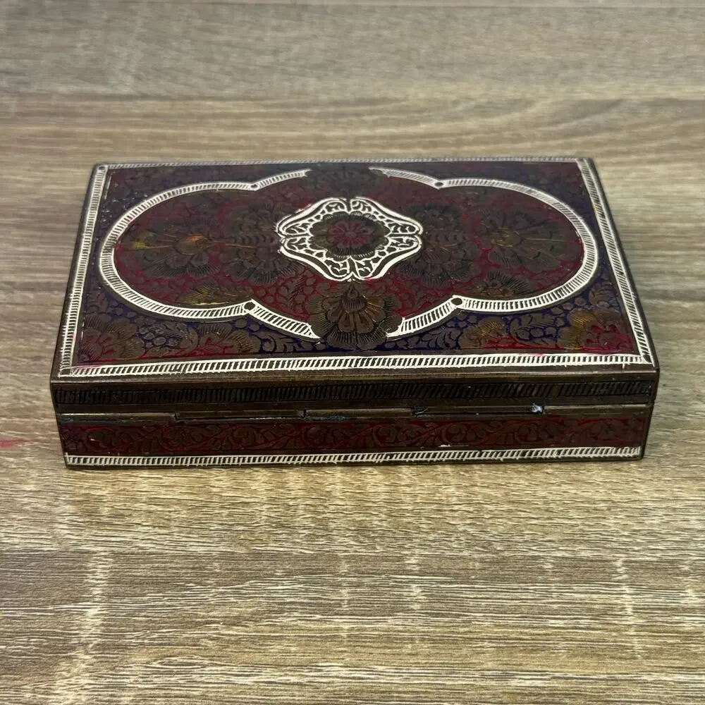 Vintage Brass Cigarette Holder Intricate Ornate Trinket Box Wood Lined